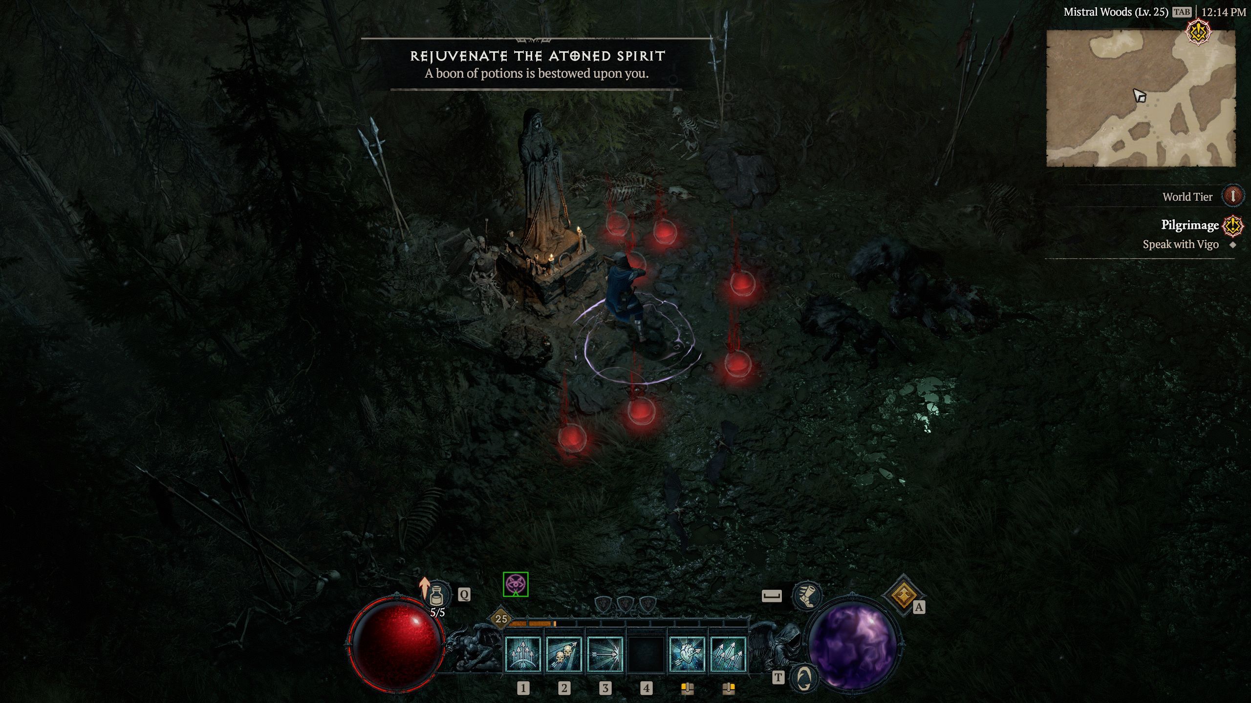 Diablo 4 Player Receiving Health Potions Drop From Faded Plaque Statue In Forest Area