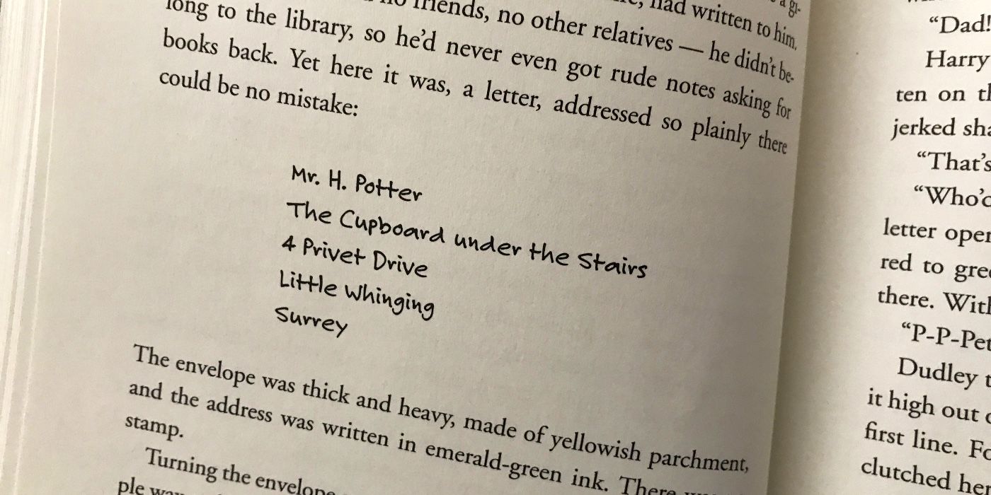 A image of a page of text in Harry Potter and the Sorcerer's Stone depicts the different fonts used for one letter and the regular story text