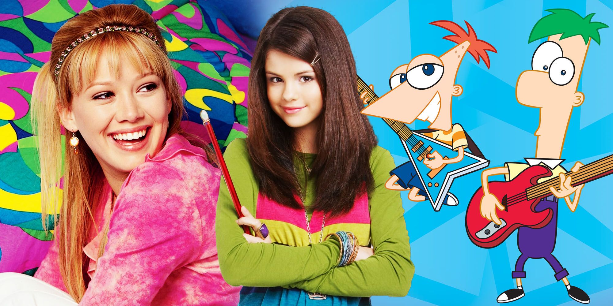 Disney Channel tv show collage with Lizzie McGuire, Selena Gomez from Wizards of Waverly Place and Phineas and Ferb