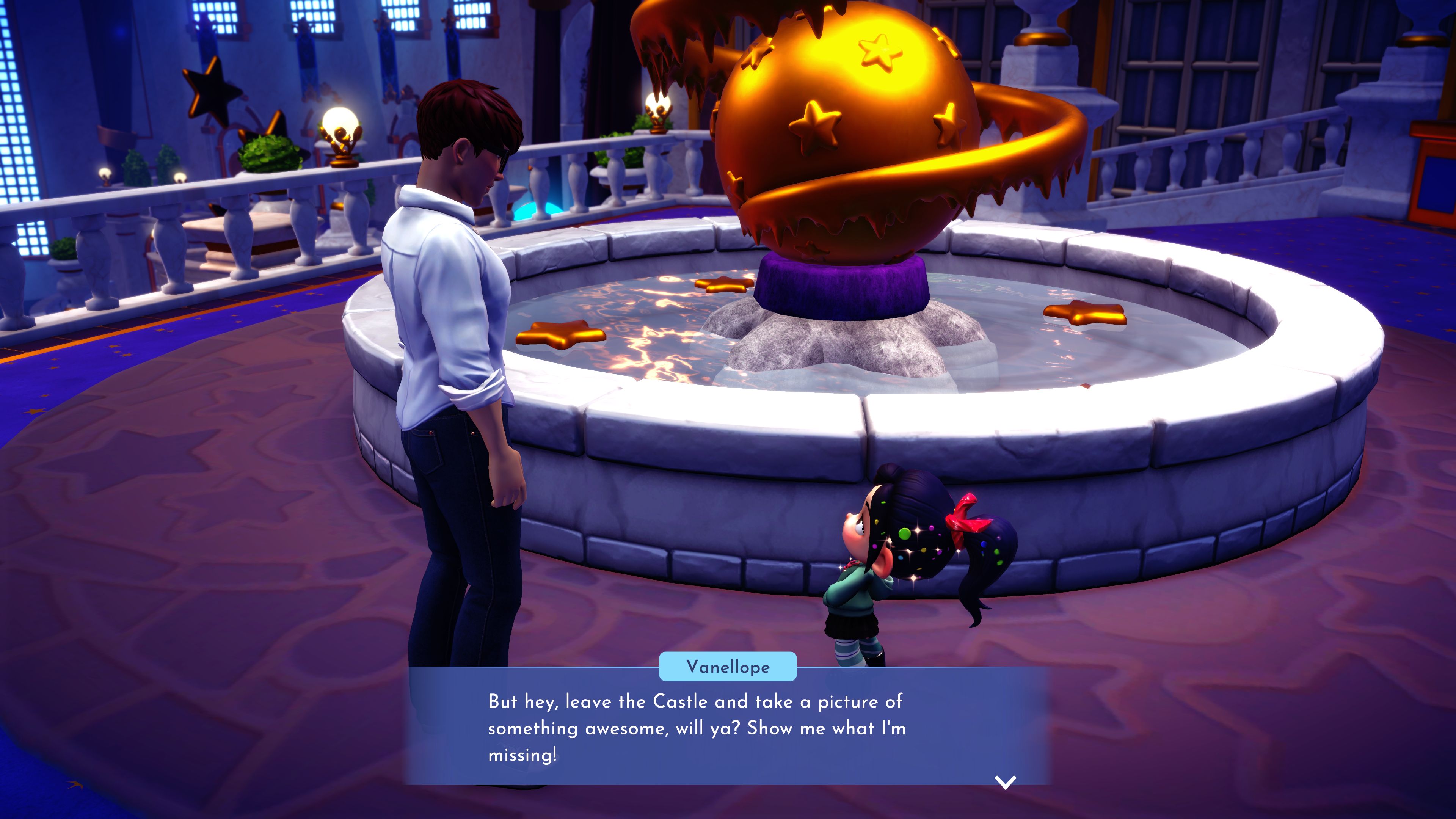 Disney Dreamlight Valley Player Chatting With Vanellope von Schweetz By Dream Castle Fountain