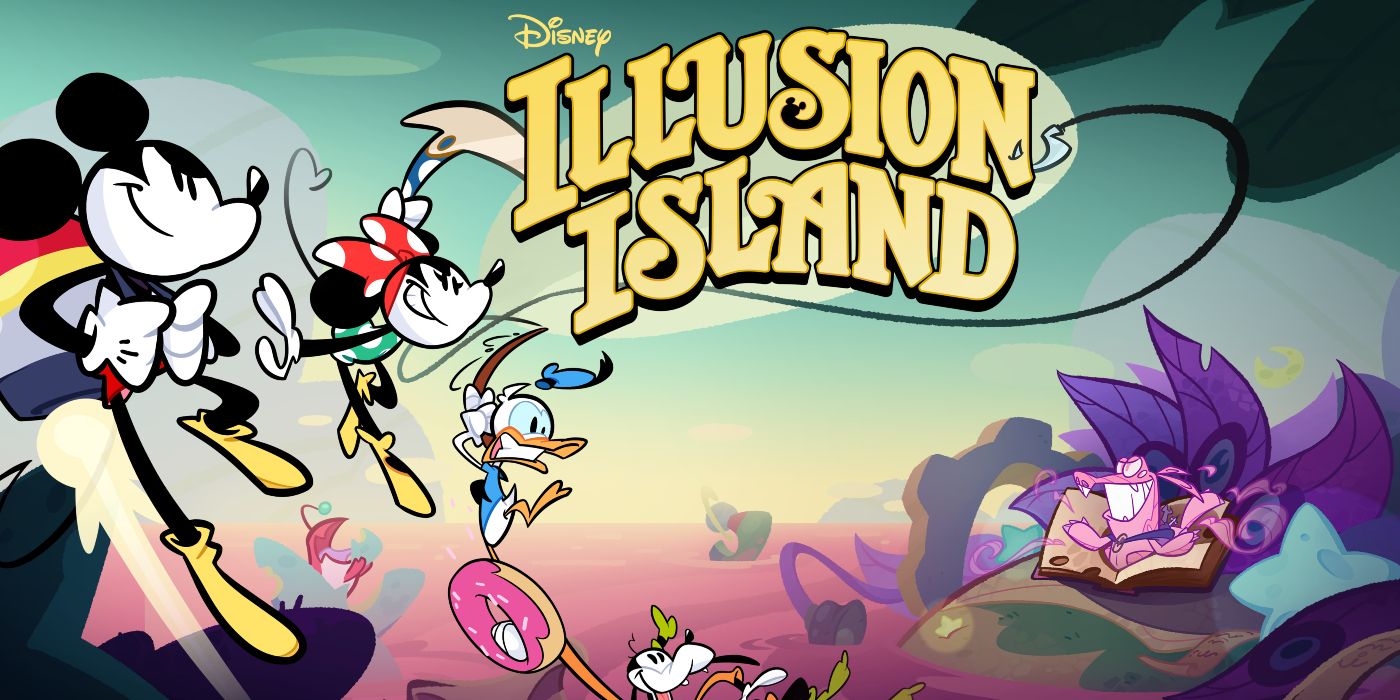 Disney Illusion Island Game Cover, with Mickey Mouse, Minnie Mouse, Donald Duck, and Goofy on the left-hand side of the image and the game's logo in the center