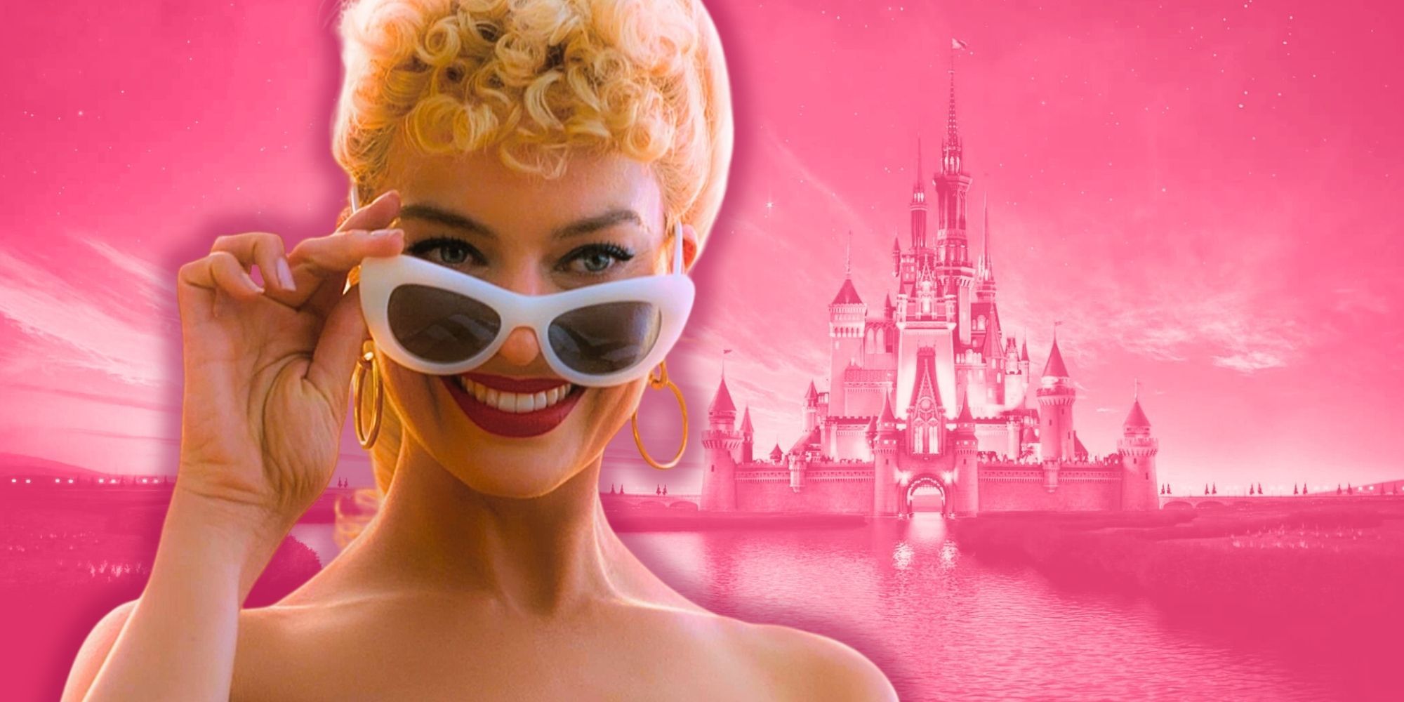 Margot Robbie as Barbie in front of the Disney castle