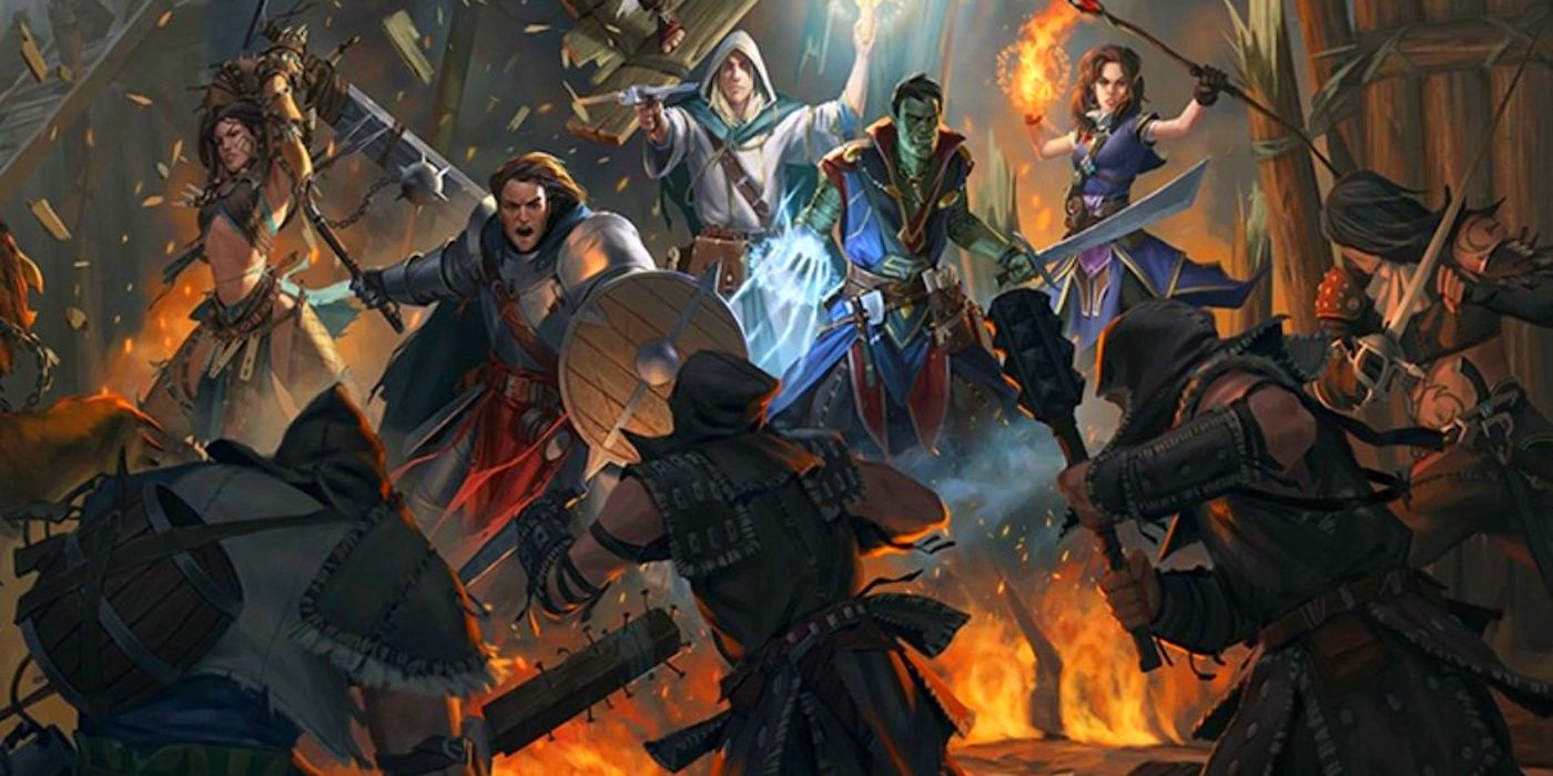 A Pathfinder party works together in battle to take down their foes