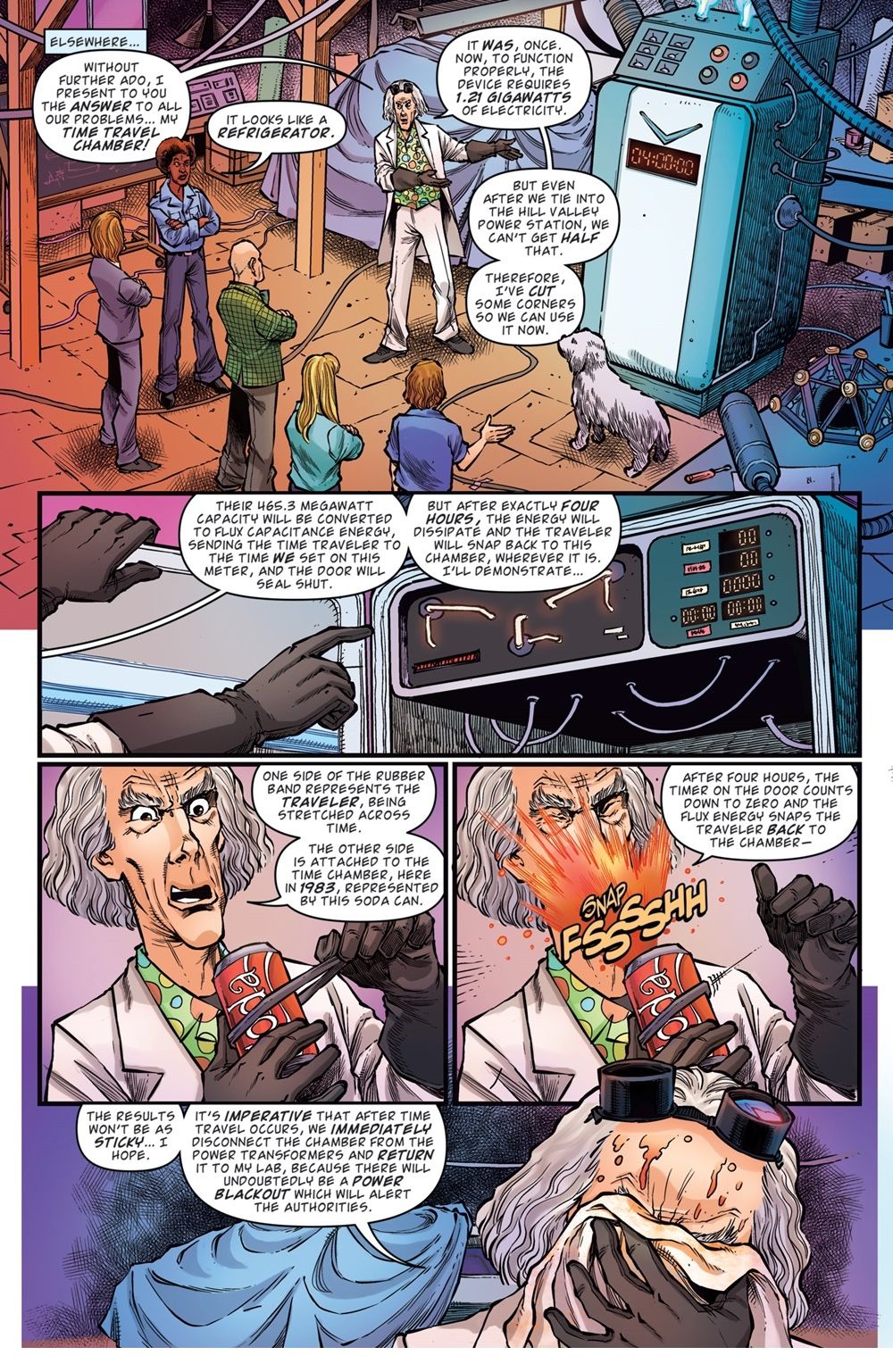 Doc stands next to his time refrigerator and explains it to everyone