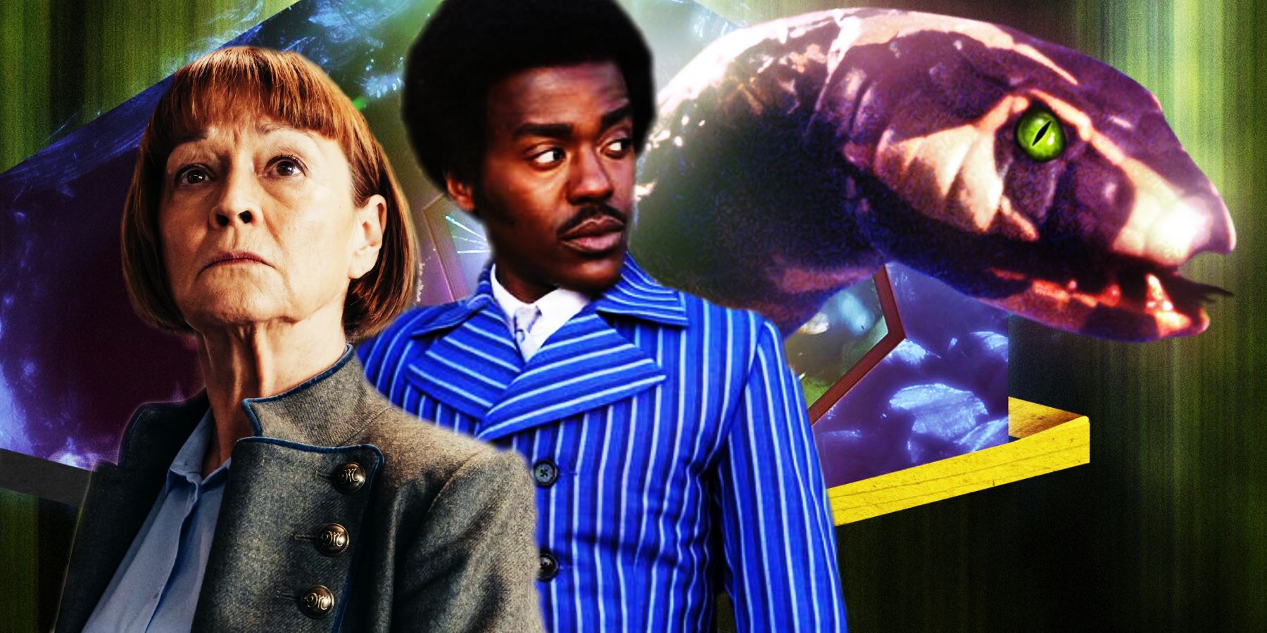 Janet Fielding as Tegan, Ncuti Gatwa as the Doctor, and the Mara