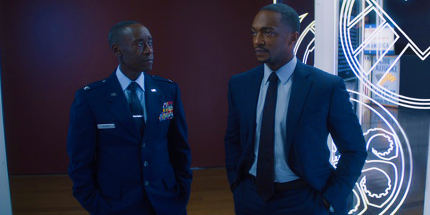 Don Cheadle as Rhodey and Anthony Mackie as Sam Wilson in The Falcon and the Winter Soldier