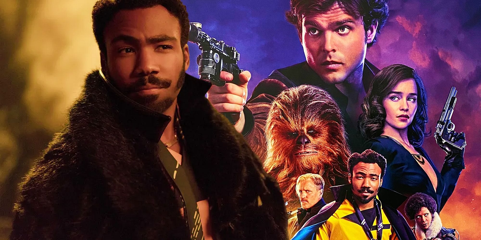 Donald Glover as Lando and the poster for Solo: A Star Wars Story