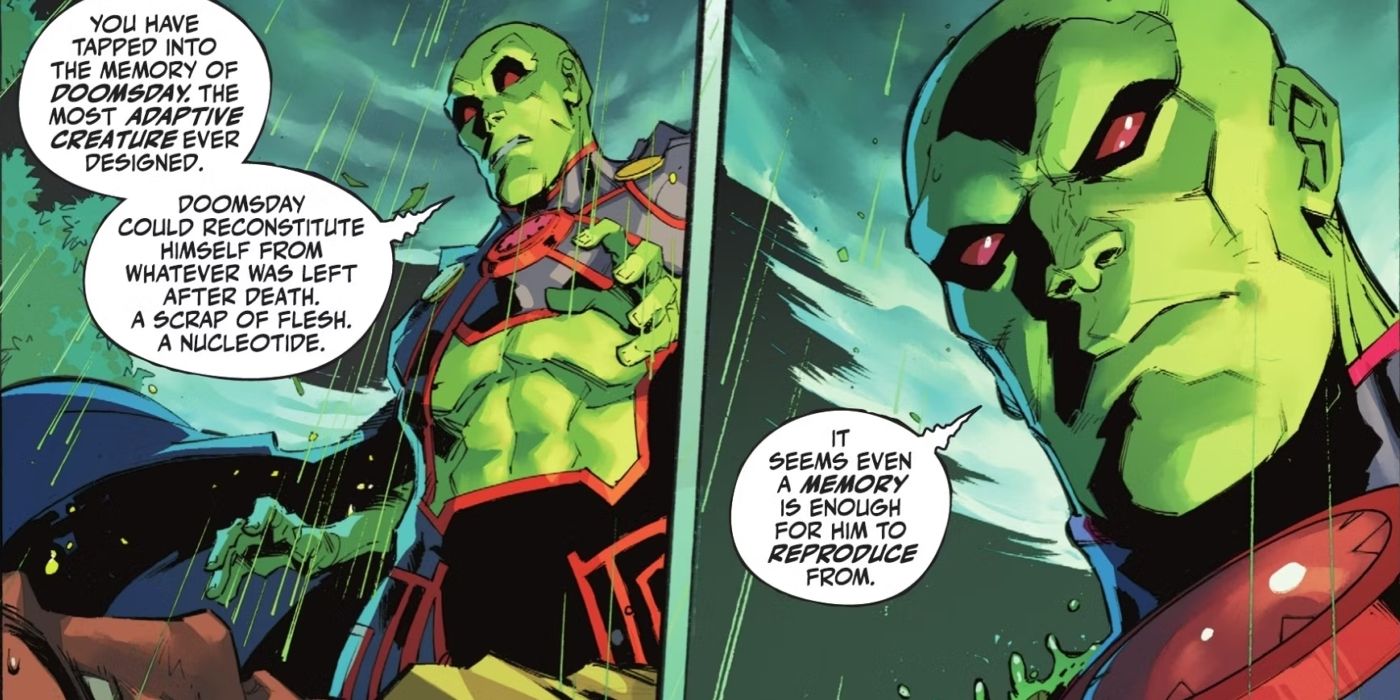 Painéis de quadrinhos: Martian Manhunter discute o fator de cura do Doomsday.