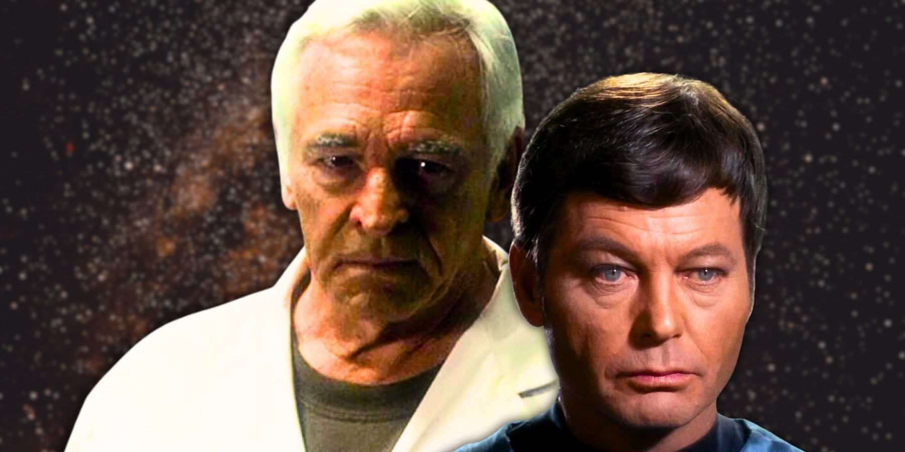 Dr. Cotte from Battlestar Galactica and Dr. McCoy from Star Trek with blurred space background