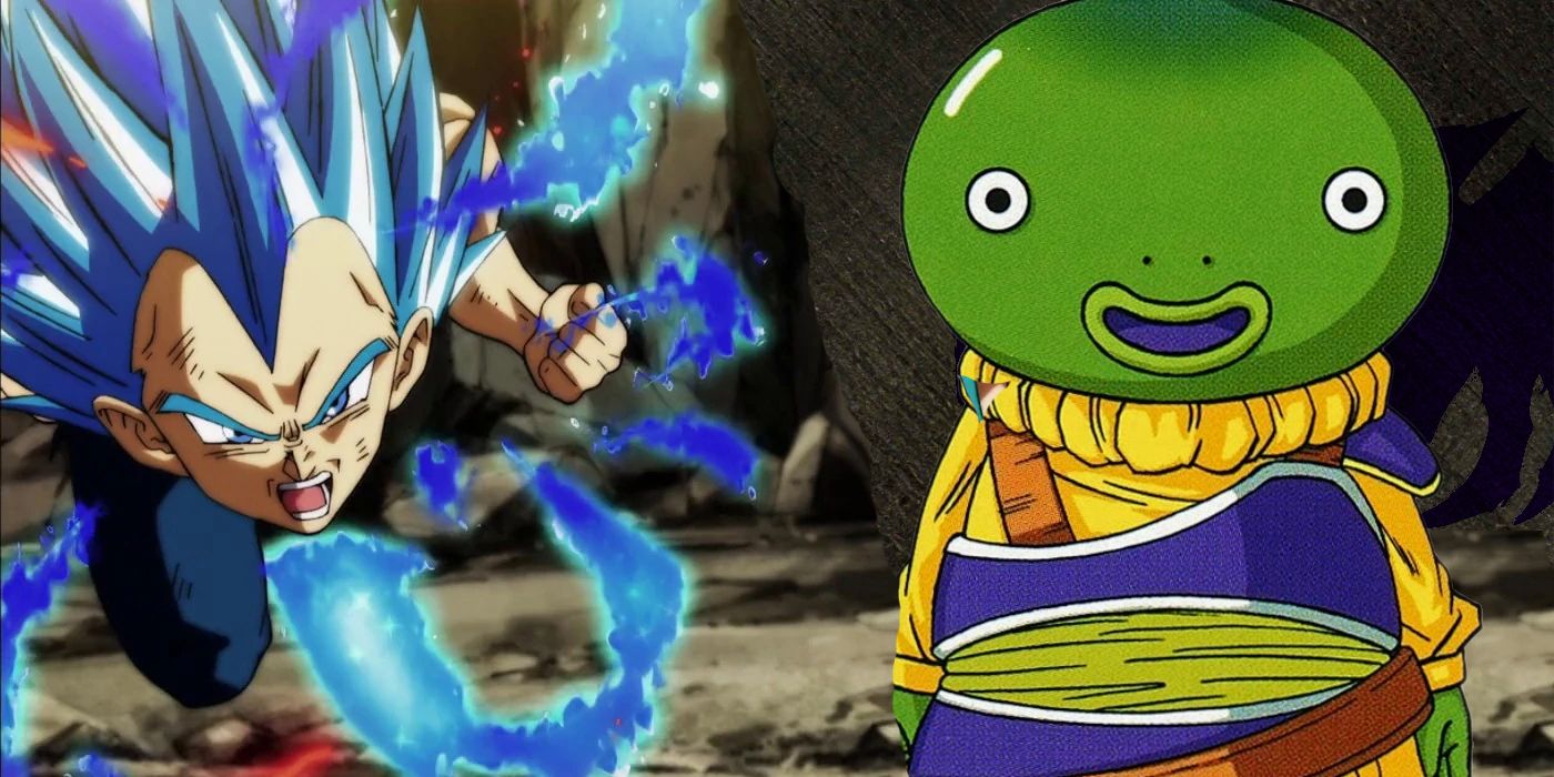 Dragon Ball Super: Super Saiyan Blue Vegeta and a Yardrat alien.