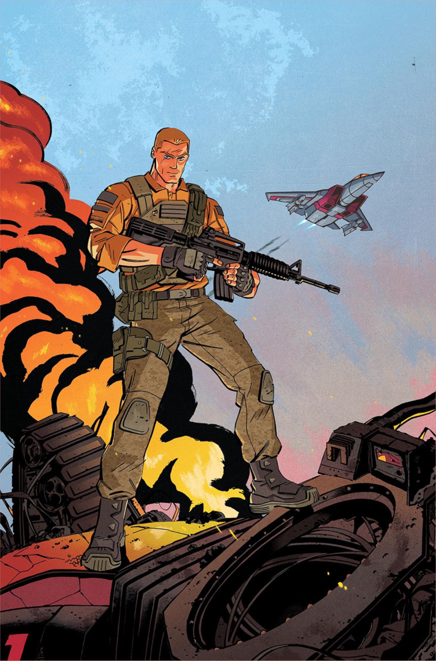 Duke #1 by Tom Reilly, Duke standing amongst wreckage with Starscream as a jet in the background