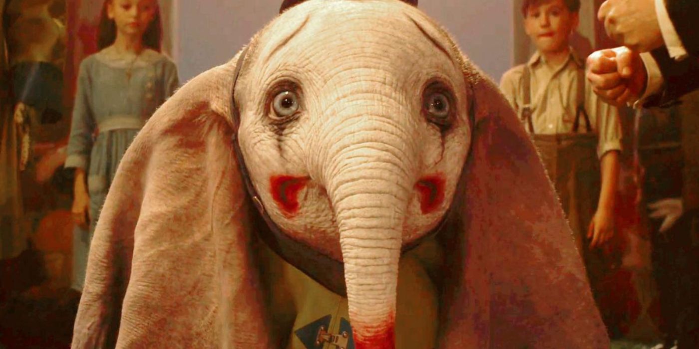 Dumbo looking sad with clown makeup on his face