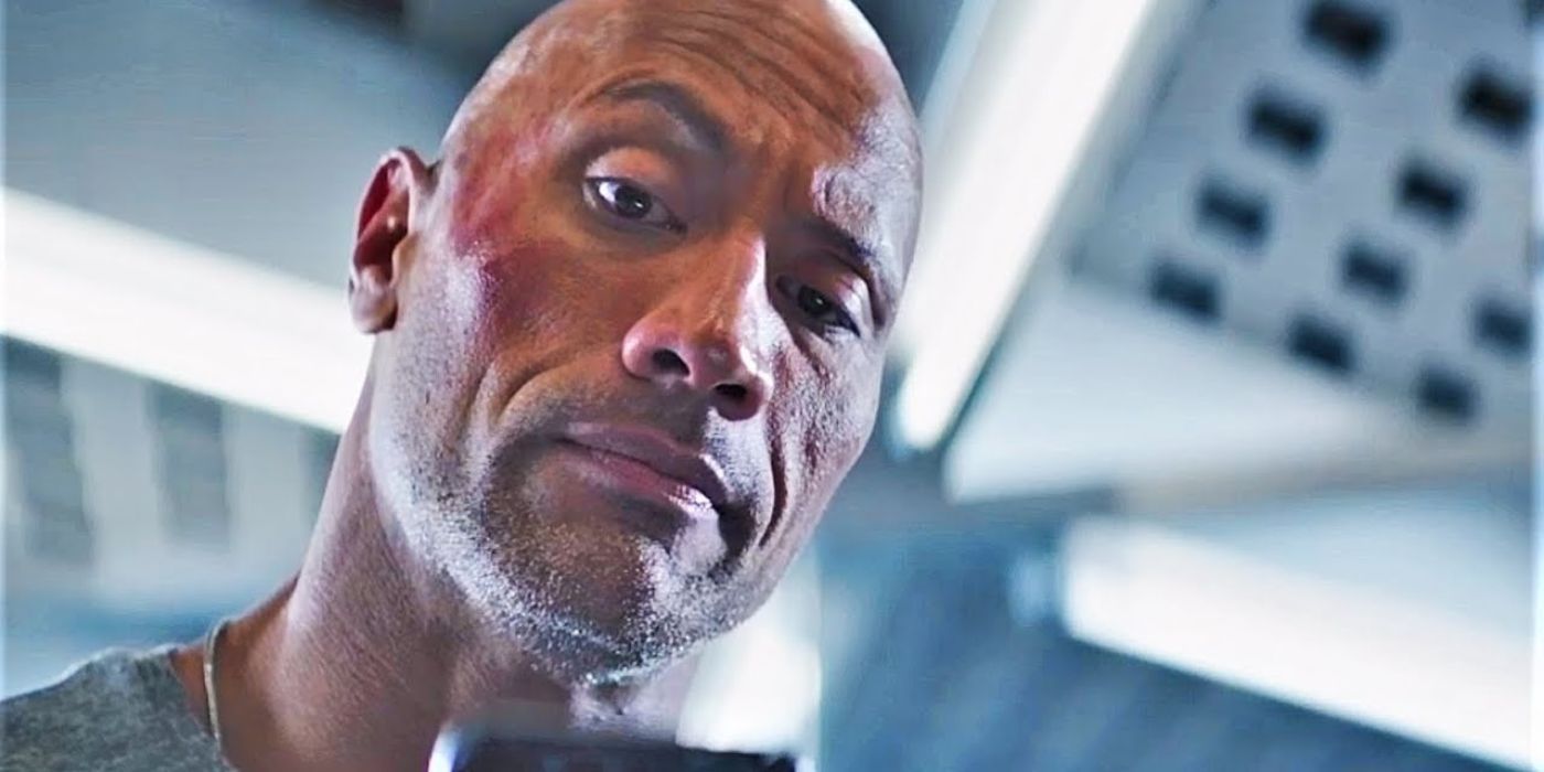 Dwayne Johnson raising his eyebrow in Hobbs & Shaw