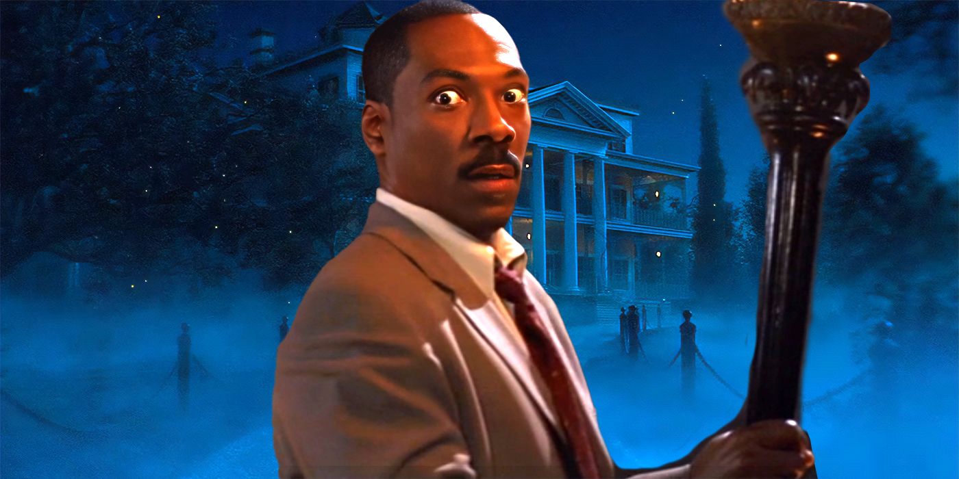 Eddie Murphy looking scared while holding onto a torch in The Haunted Mansion