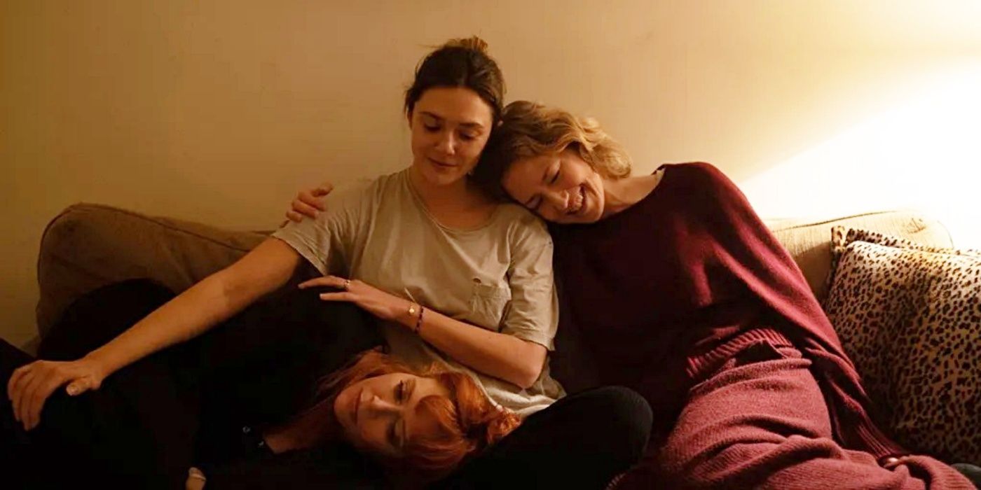 Elizabeth Olsen, Natasha Lyonne, and Carrie Coon in His Three Daughters.