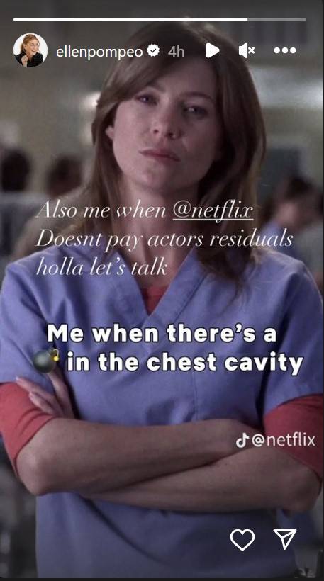 ellen pompeo instagram story screenshot.jpg?q=50&fit=crop&dpr=1 - Atriz de Grey's Anatomy detona Netflix diante de greve