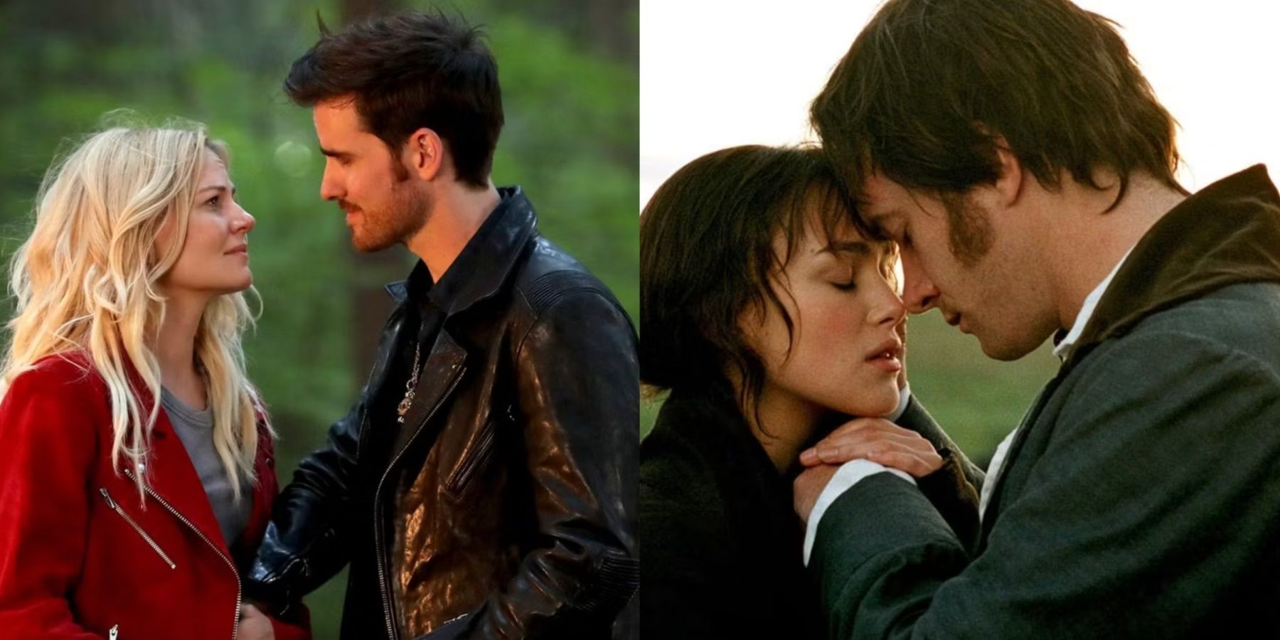 A side-by-side image features Emma and Hook from Once Upon a Time and Elizabeth and Darcy from Pride and Prejudice 2005