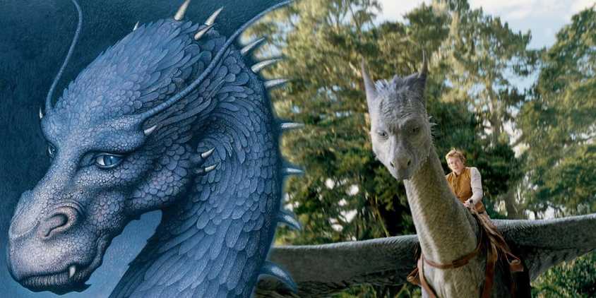 Eragon riding Saphira in the 2006 movie with an illustration of the Eragon book cover dragon
