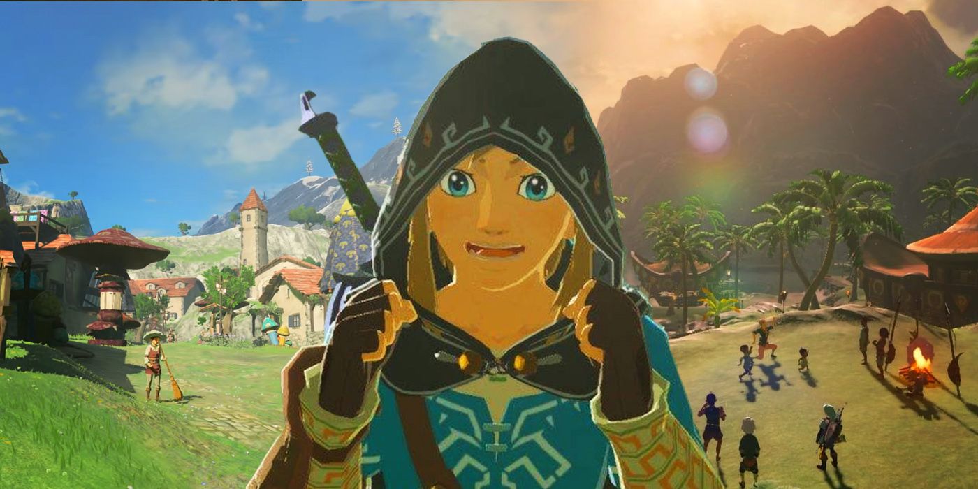 Images of Hateno Village and Lurelin Village in the background as Tears of the Kingdom&rsquo;s Link looks excited.