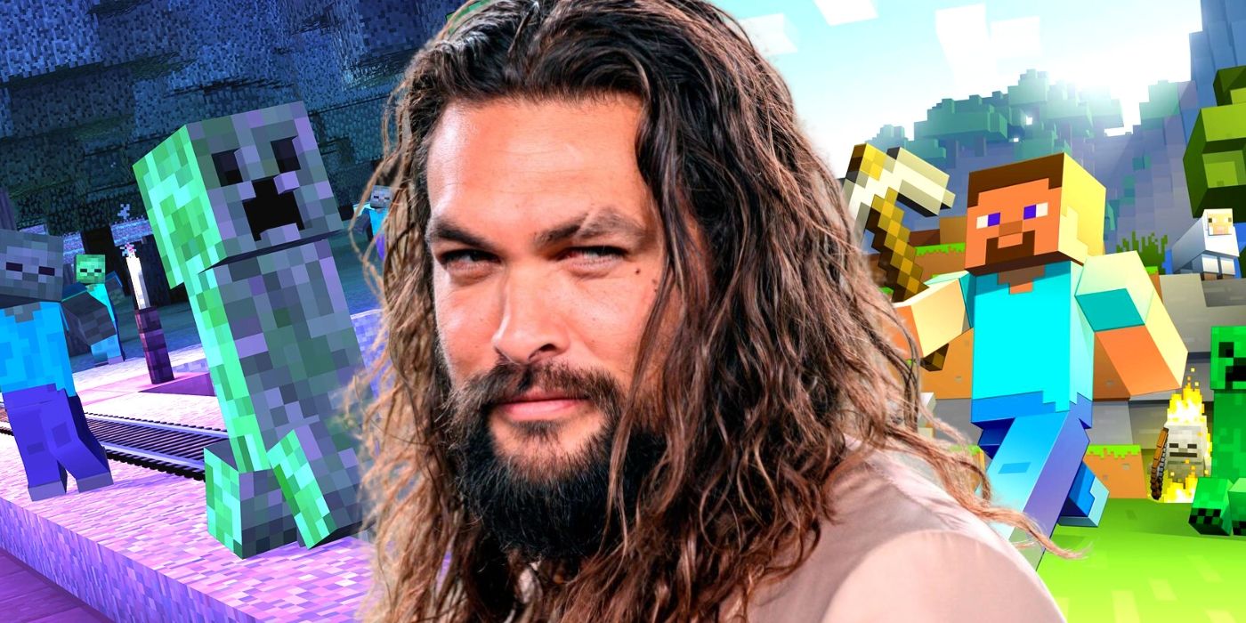 A composite image of Jason Mamoa in front of characters from Minecraft
