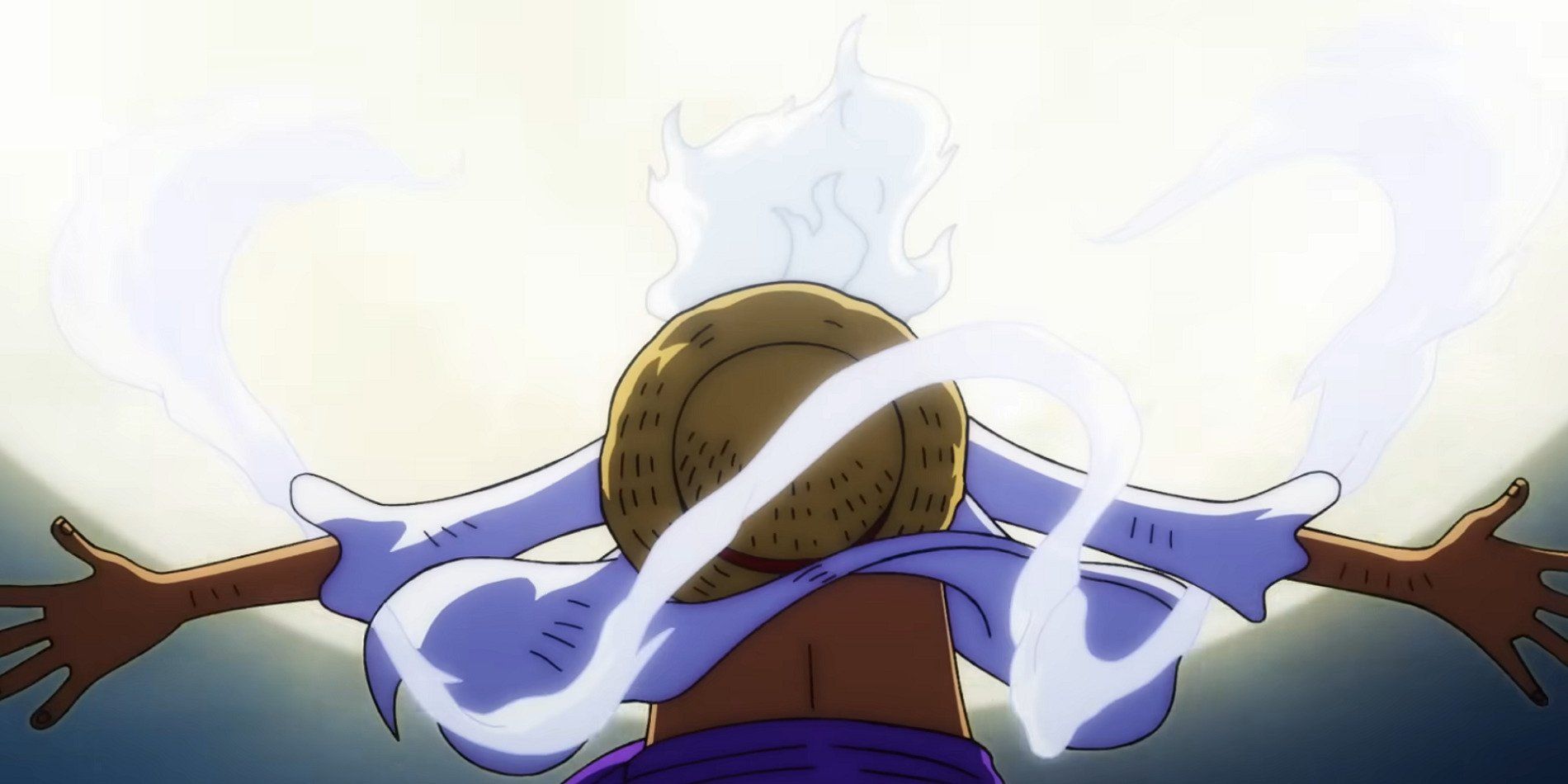 luffy in gear five seen from the back as he faces the moon with his arms outstretched