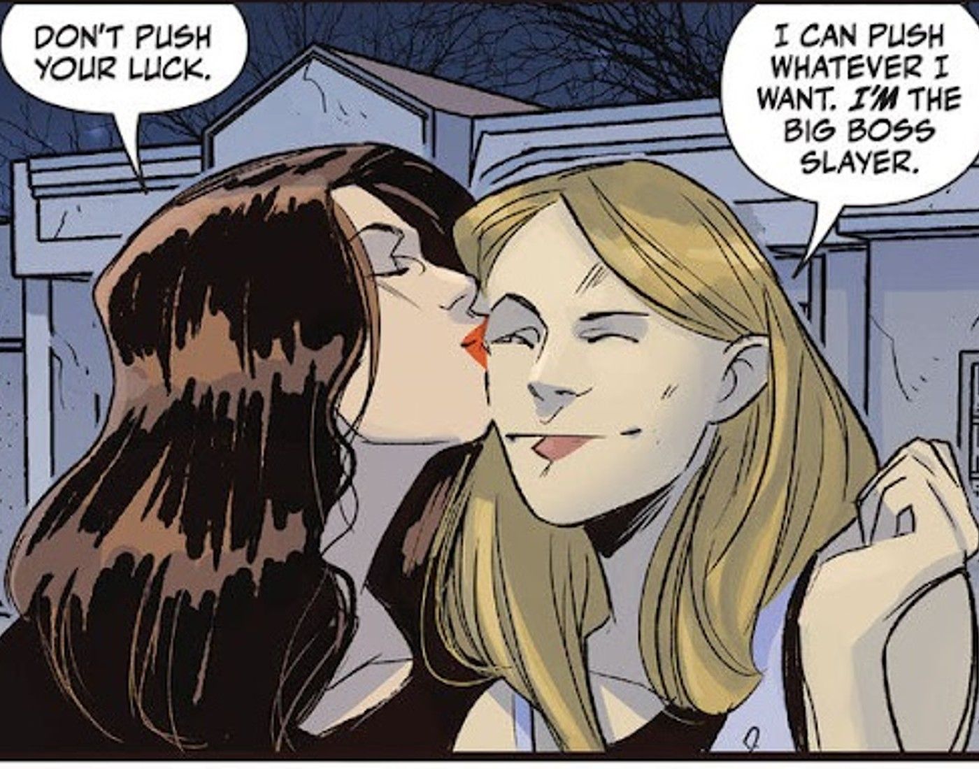 Faith kisses Buffy the Vampire Slayer on the forehead in The Vampire Slayer final issue.