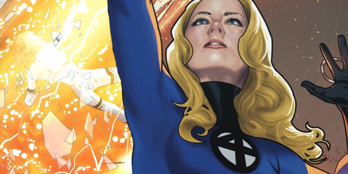 Invisible Woman does a power blast in a Marvel comic