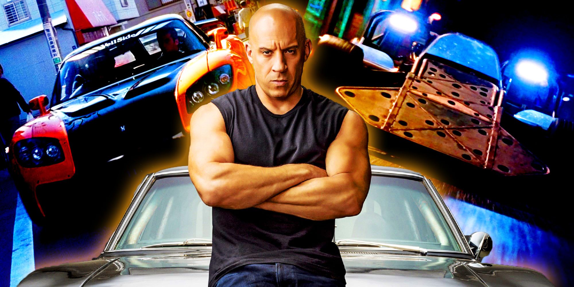 Vin Diesel as Dominic Toretto with his Dodge Charger plus Flip Car and more from Fast and Furious franchise