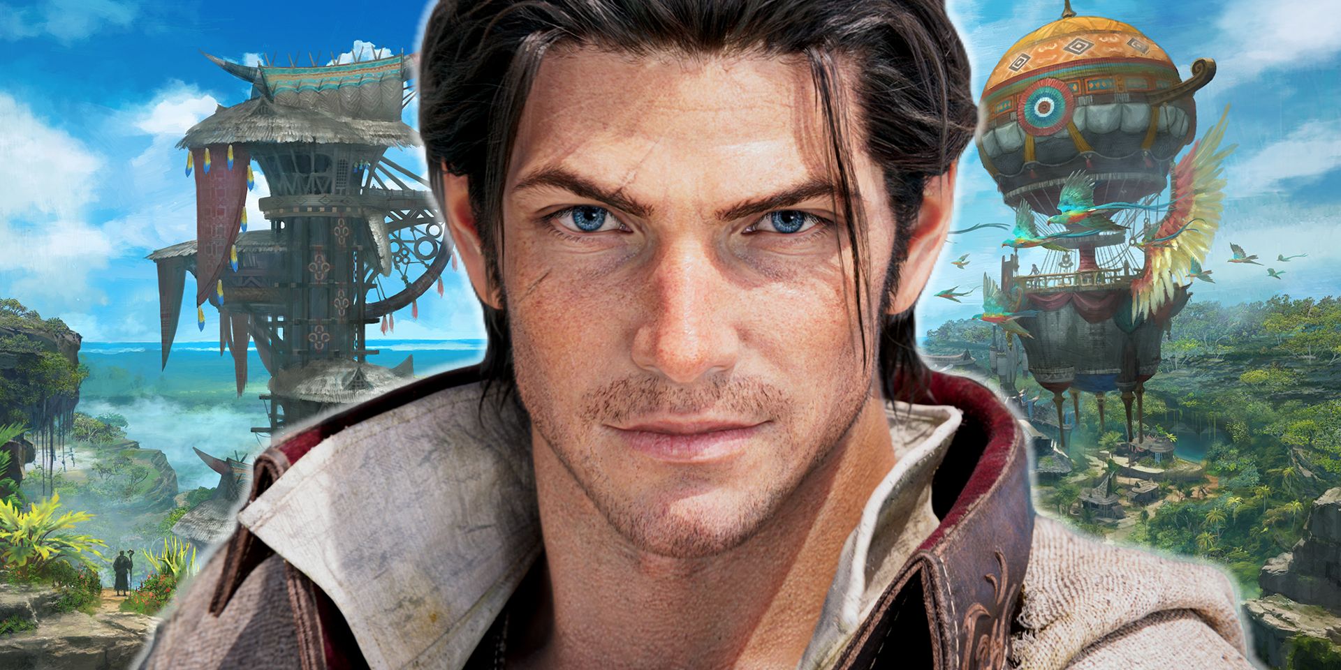 The default warrior of light, with blue eyes and stringy black hair, smirks at the camera. In the backdrop, a dirigble floats next to a spiraling tower.