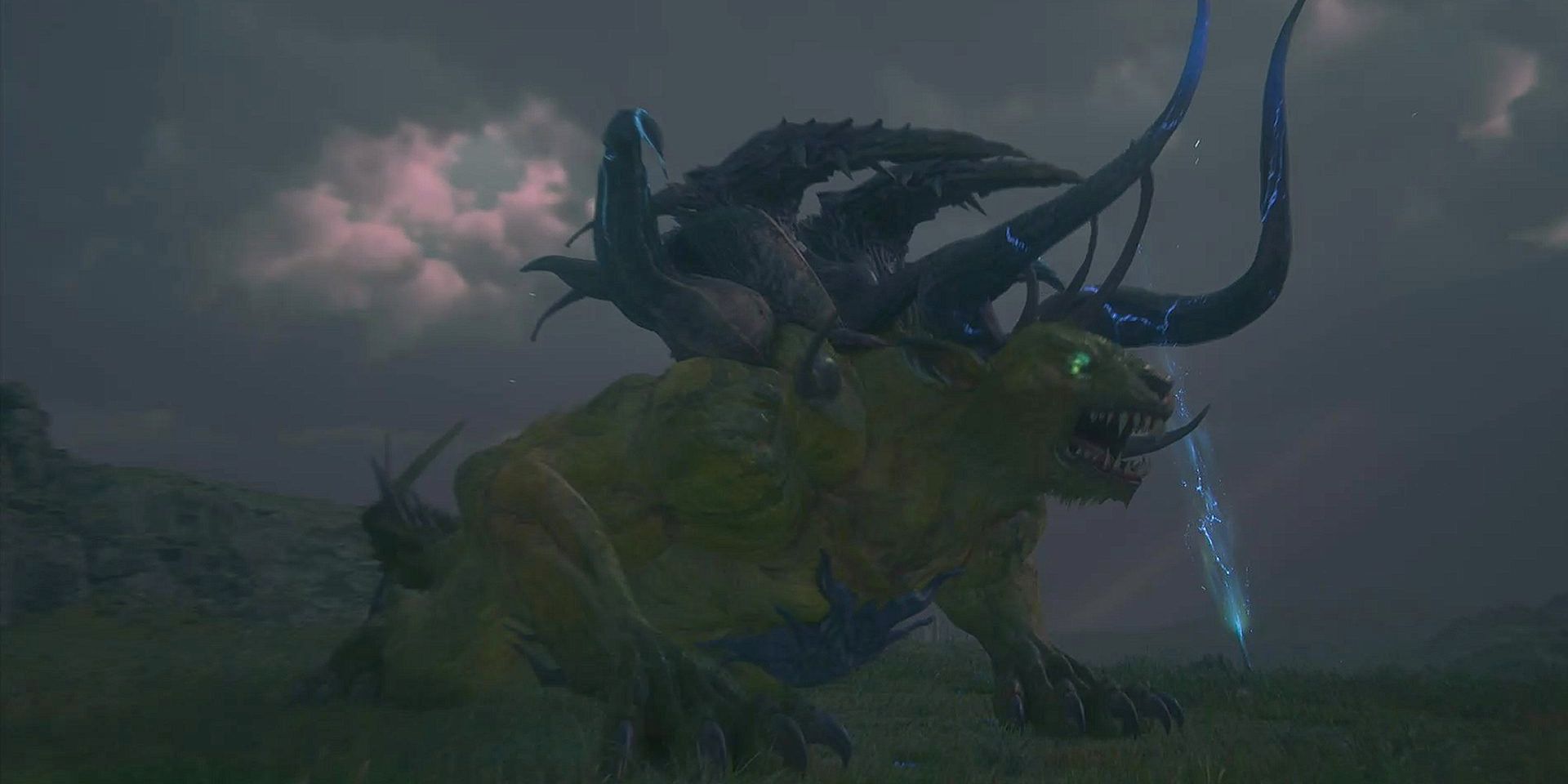 The Behemoth King, a massive, horned monster, roars as lightning strikes in a screenshot from Final Fantasy 16.