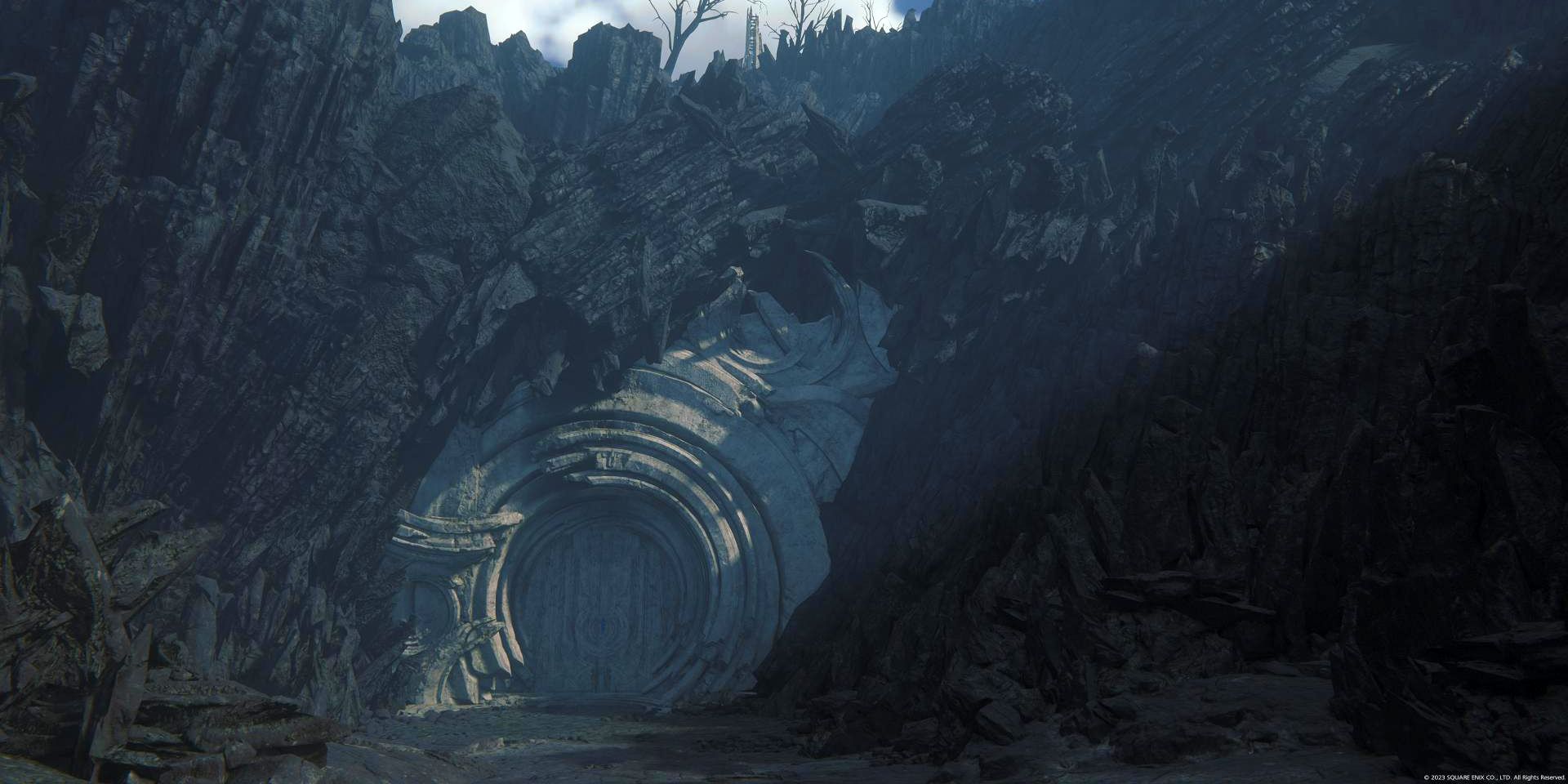 The locked, circular, stone door sits at the end of a blighted valley in Final Fantasy 16.