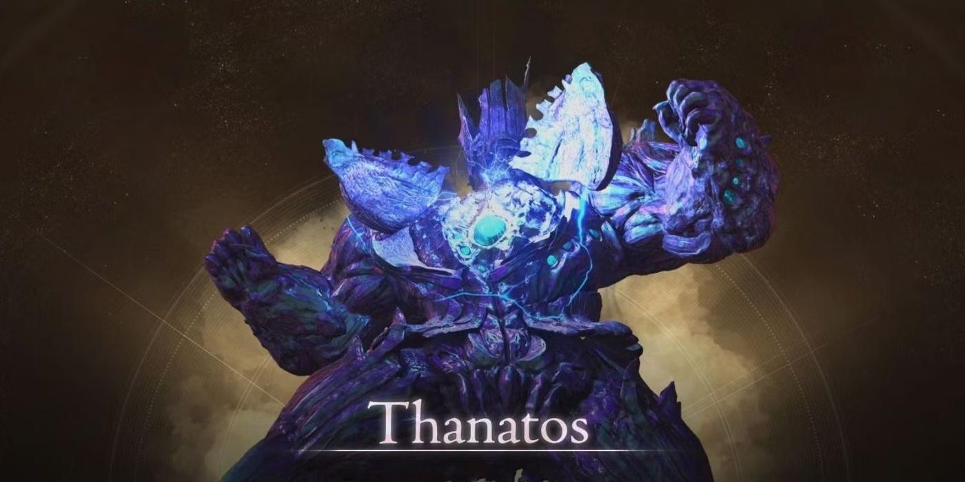 Thanatos, a muscular humanoid enemy that looks to be made of glowing blue rock, raises its arms in a screenshot from FF16.