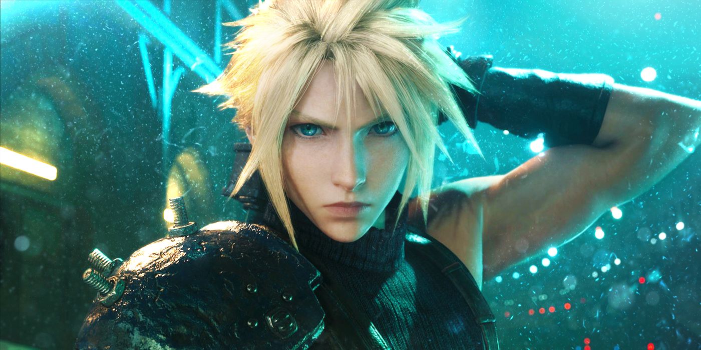 Cloud as he appears in FF7 Remake and Rebirth, facing the camera and reaching behind his head to grab the Buster Sword.