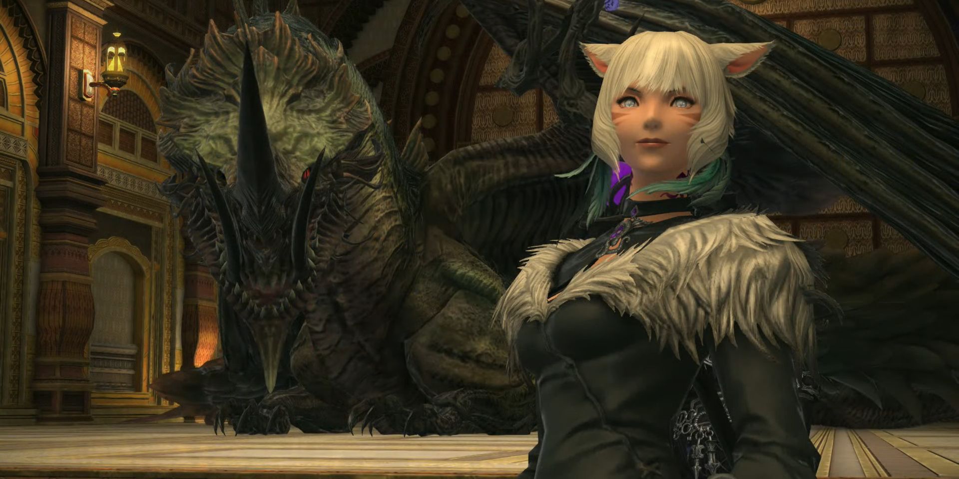 Y'shtola stands smiling in front of a mysterious black monster.