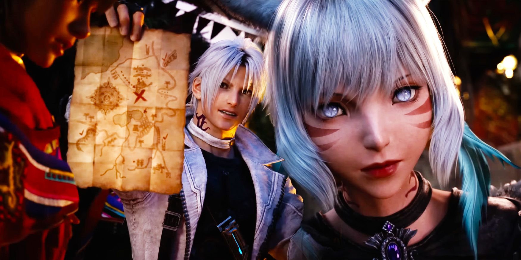Y'shtola beside Thancred holding up a map.