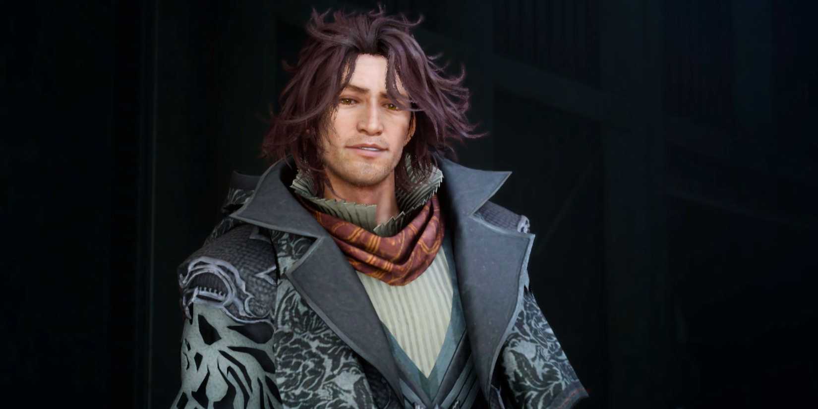 An image of Ardyn, a wavy-haired man wearing a black coat with white trim, standing before a dark backdrop.