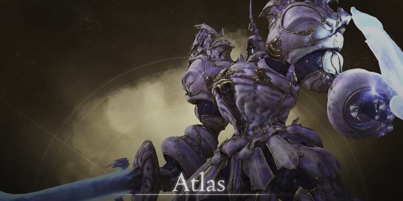 Potongan kartu berburu untuk Atlas, Breaker of Worlds di Final Fantasy 16. Mereka menggunakan pedang dan perisai.