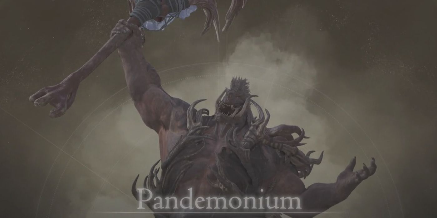 Pandemonium&rsquo;s splash screen from FF16. He&rsquo;s a giant muscular orc, wearing horned armor and holding a club aloft.