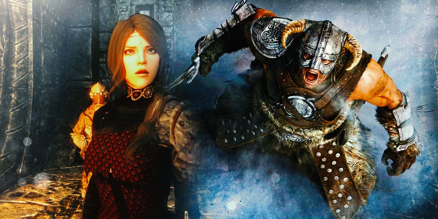 A Skyrim character looks shocked next to the Dragonborn using their Shout 