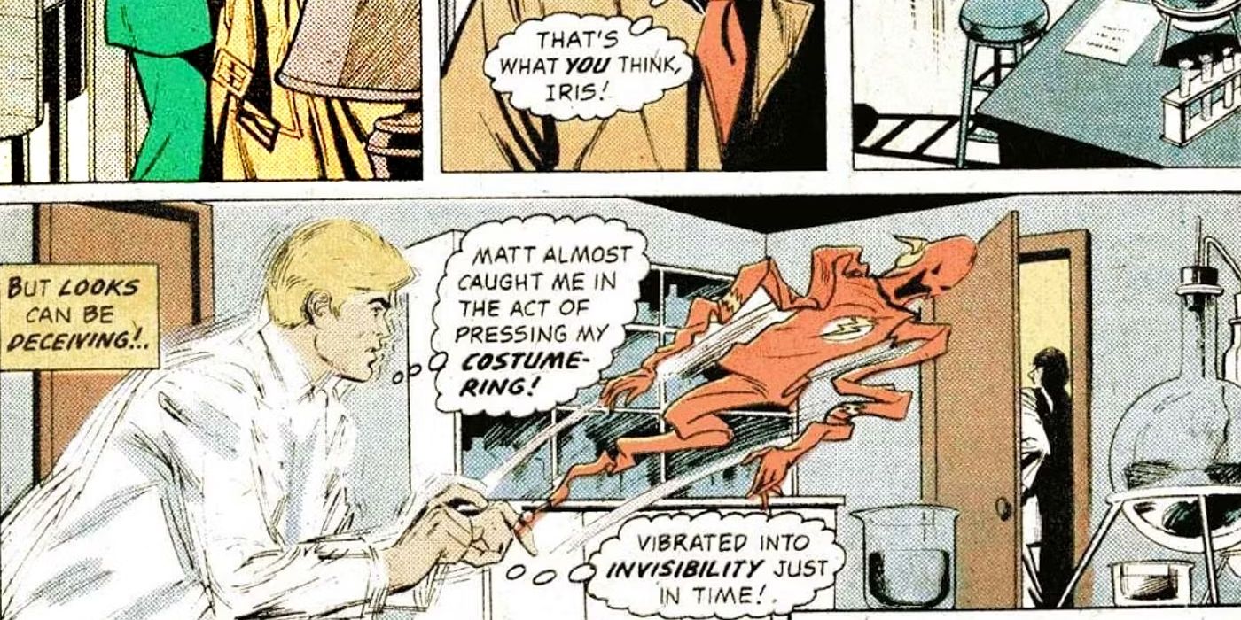 Comic Panels: Flash Barry Allen talks about becoming invisible by releasing his costume from the ring.