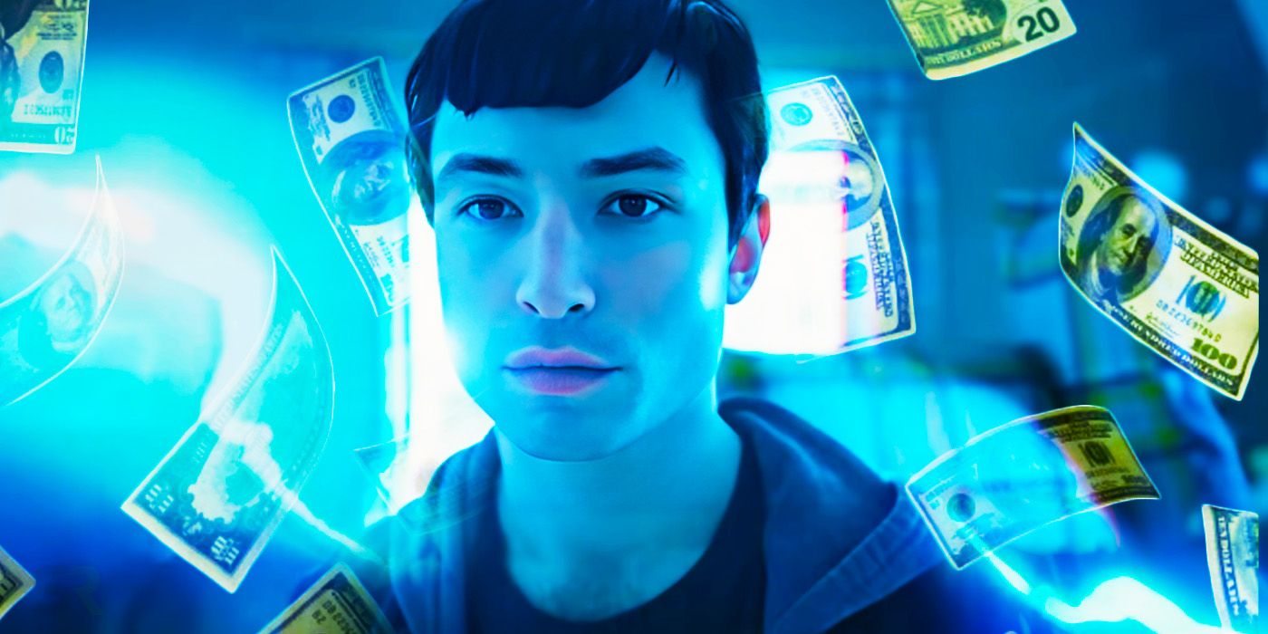 Barry Allen from The Flash with falling hundred dollar bills.