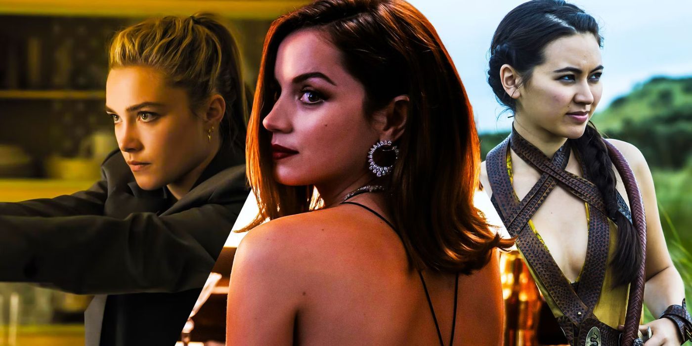 Florence Pugh holding a gun in Black Widow, Ana De Armas looking from over her shoulder in No Time To Die and Jessica Henwick looking sideways in House of the Dragon