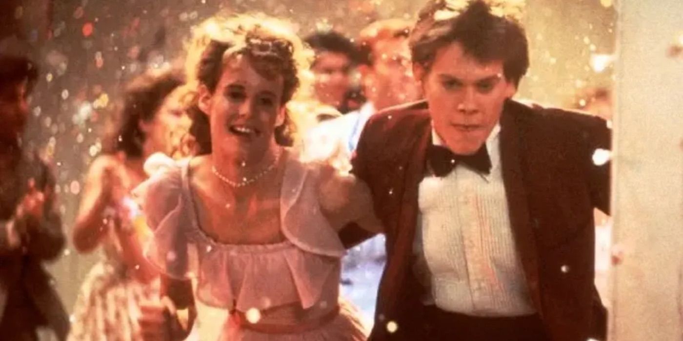 Kevin Bacon runs through confetti in Footloose