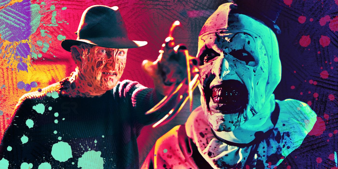 Freddy Krueger from A Nightmare on Elm Street and Art the Clown from Terrifier with Blood Splatters