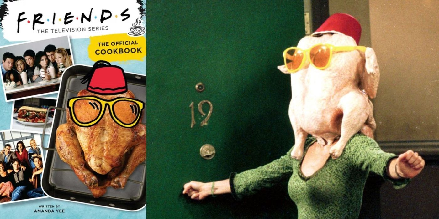 A split image of the Friends cookbook with Monica&rsquo;s turkey head