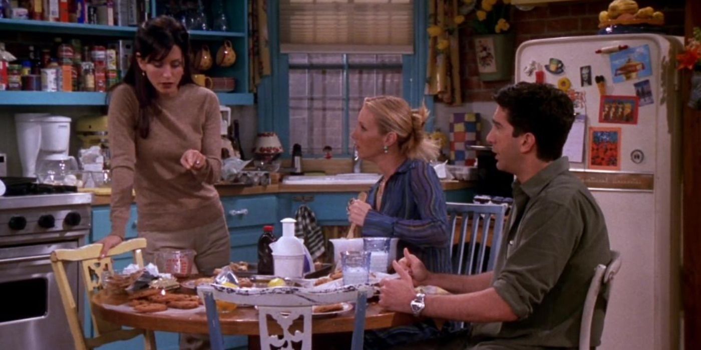 Ross, Monica, and Phoebe make cookies in Friends