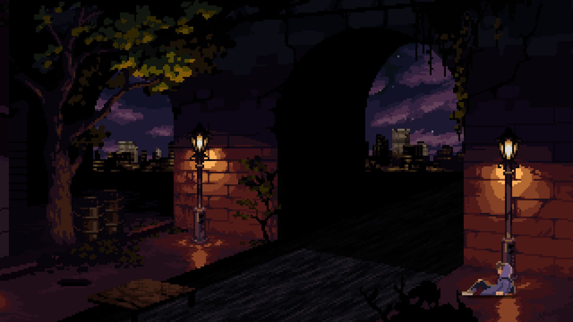 Protagonist in Full Void lying on his back beneath a streetlamp after crossing a canal.