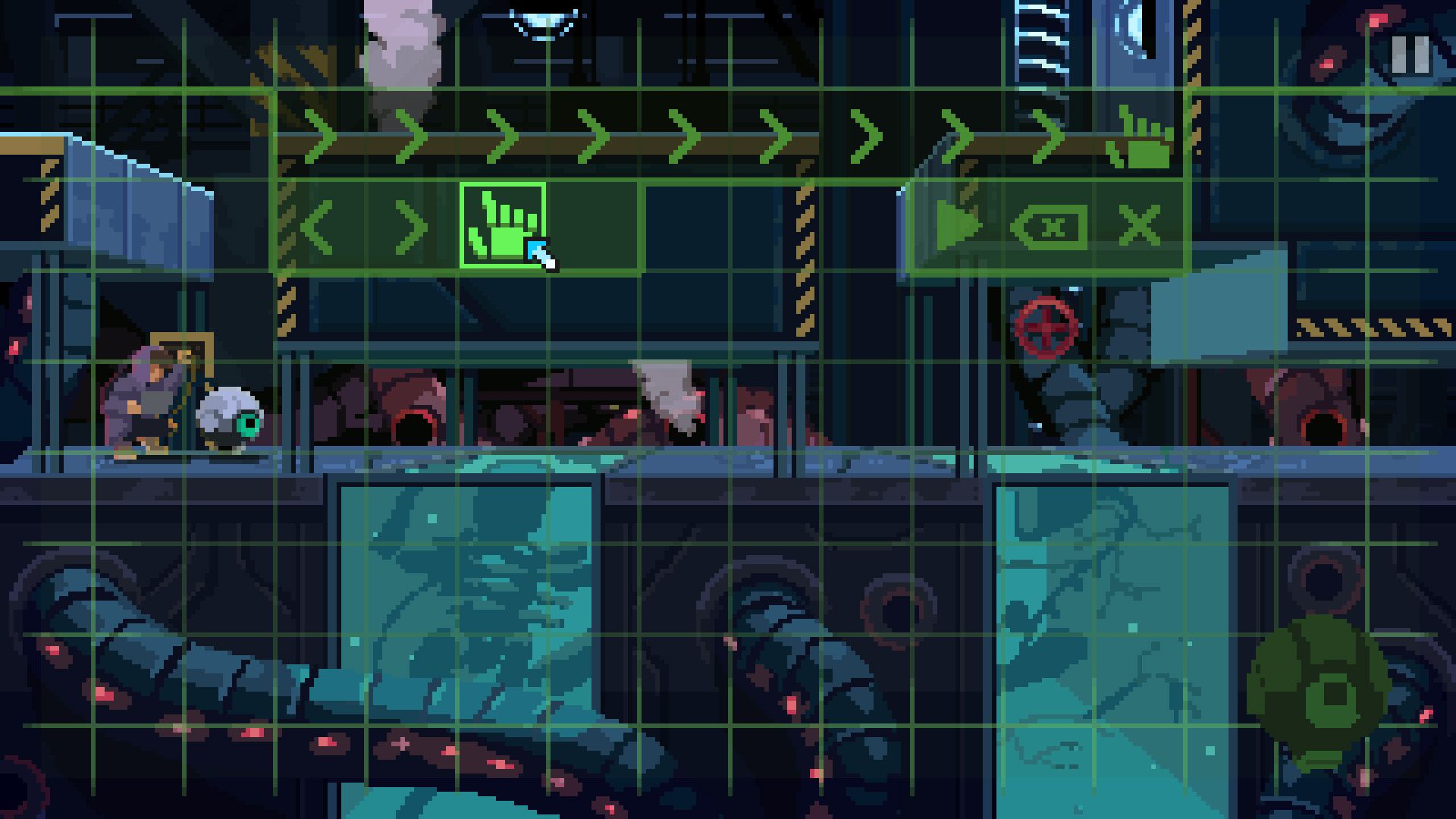 Full Void protagonist inputting a series of commands to control a robot companion in a factory environment.