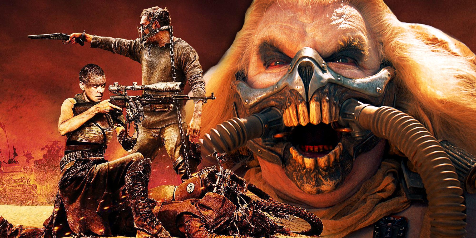 Collage of Furiosa and Mad Max foregrounded in front of a large Immortan Joe from Fury Road