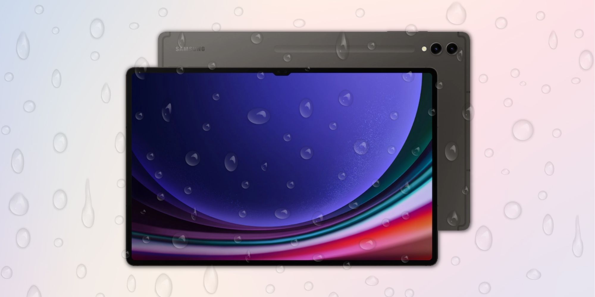 Image of the Galaxy tab S9 with water droplets on top
